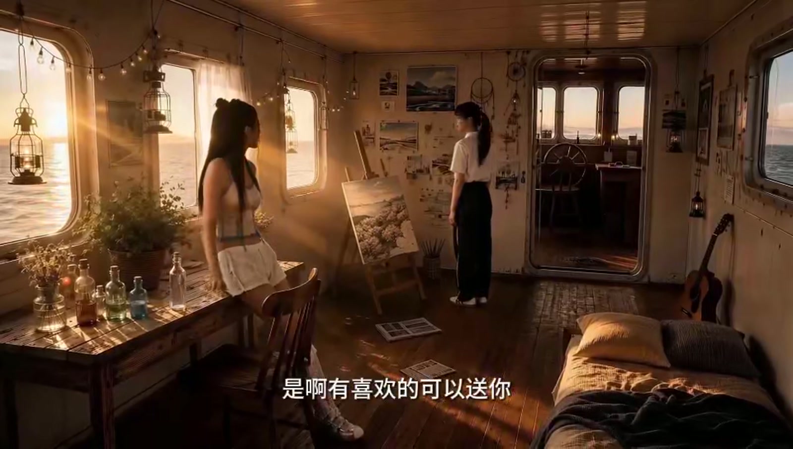 《左耳》先导片画面：夕阳下的船舱
